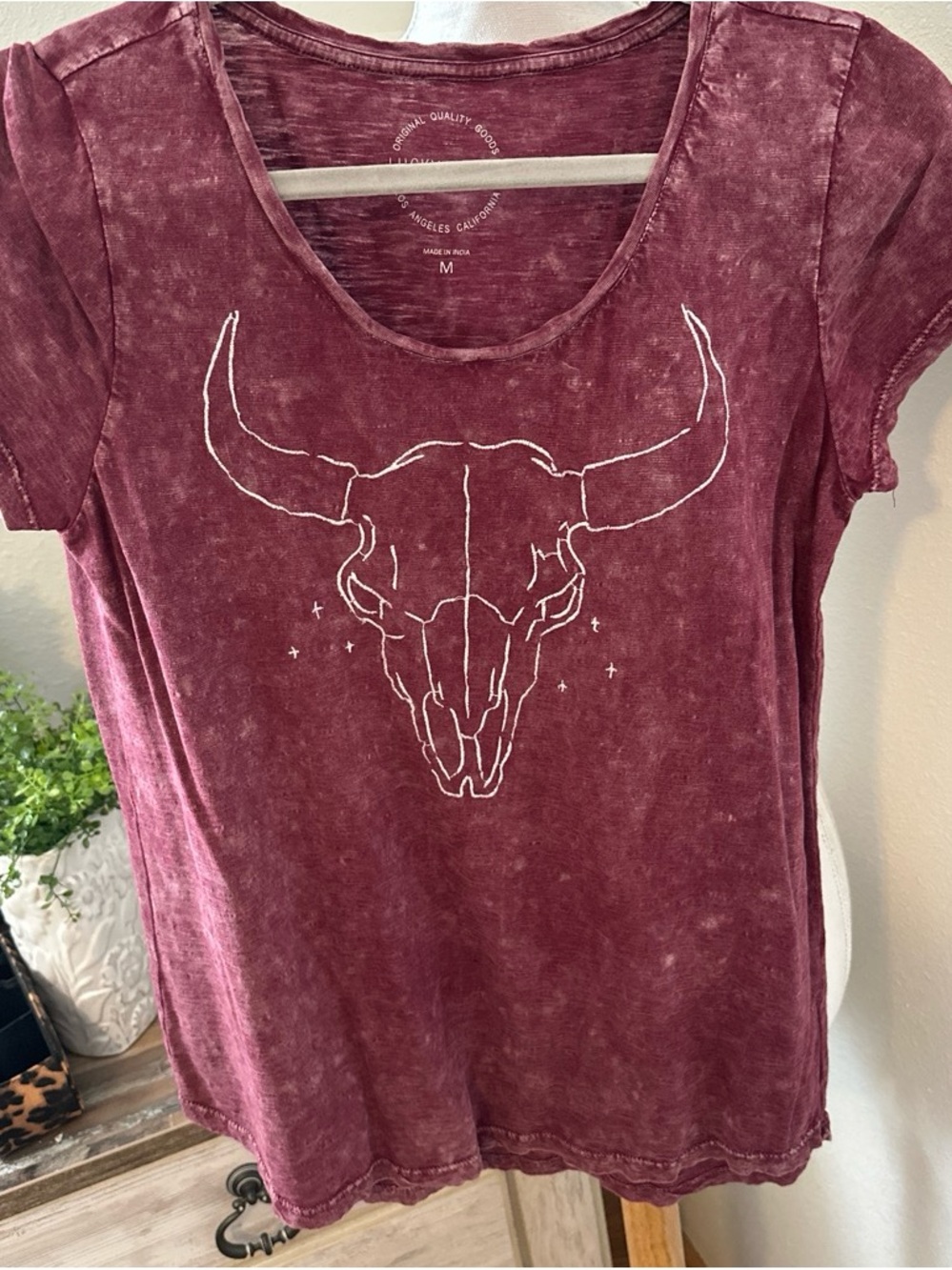 Lucky Brand Maroon Washed Bull Skull Scoop Neck Tee